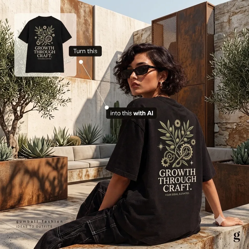 Turn this design into studio-quality photos with AI — a flat product sheet becomes a lifestyle model shot